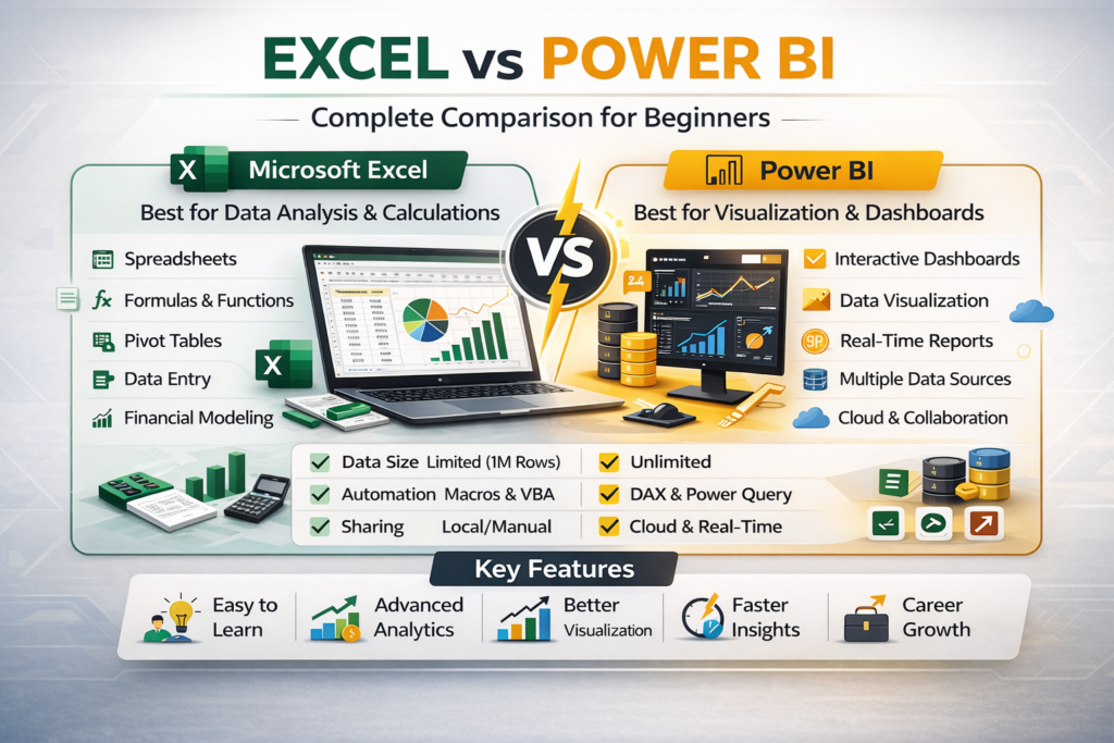 Infographic showing Excel vs Power BI complete comparison for beginners, highlighting Microsoft Excel features like spreadsheets, formulas, pivot tables, and financial modeling versus Power BI features like interactive dashboards, data visualization, real-time reports, and cloud collaboration.