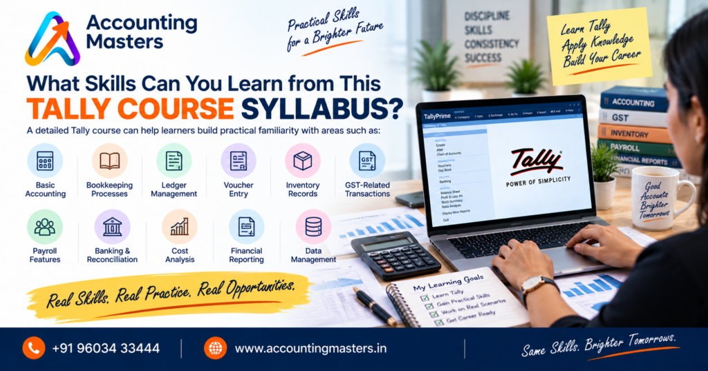 Syllabus of Tally course covering accounting, bookkeeping, GST, inventory, payroll, banking and financial reporting